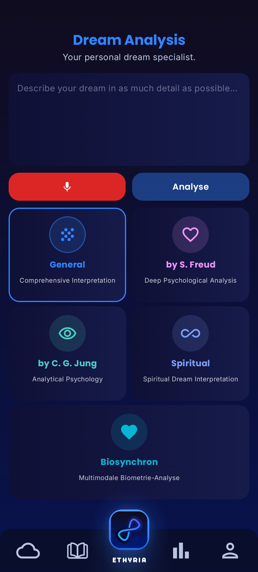 Ethyria Dream Interpretation App: AI analysis based on Freud and Jung