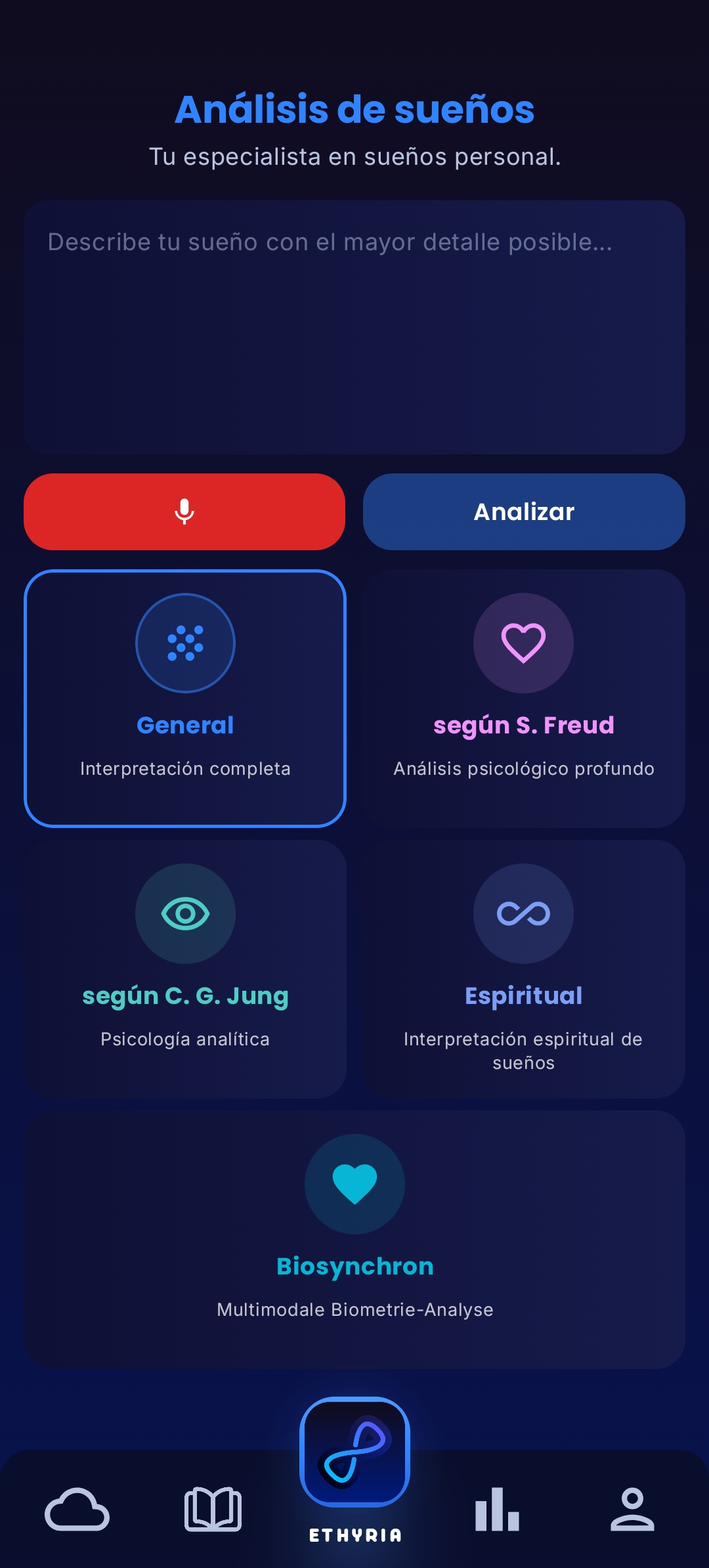 Pantalla de análisis de Ethyria: interpretación de sueños con IA según Freud y Jung