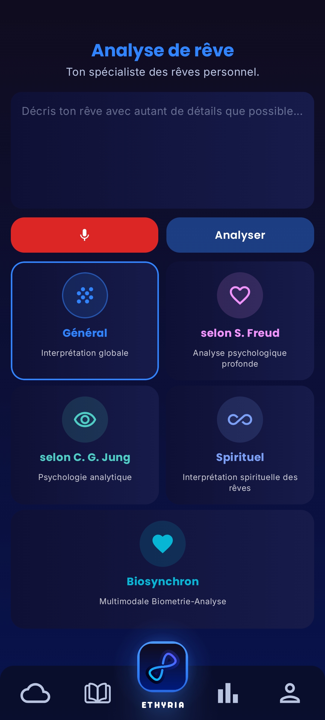 Écran d'analyse Ethyria: interprétation des rêves par IA
